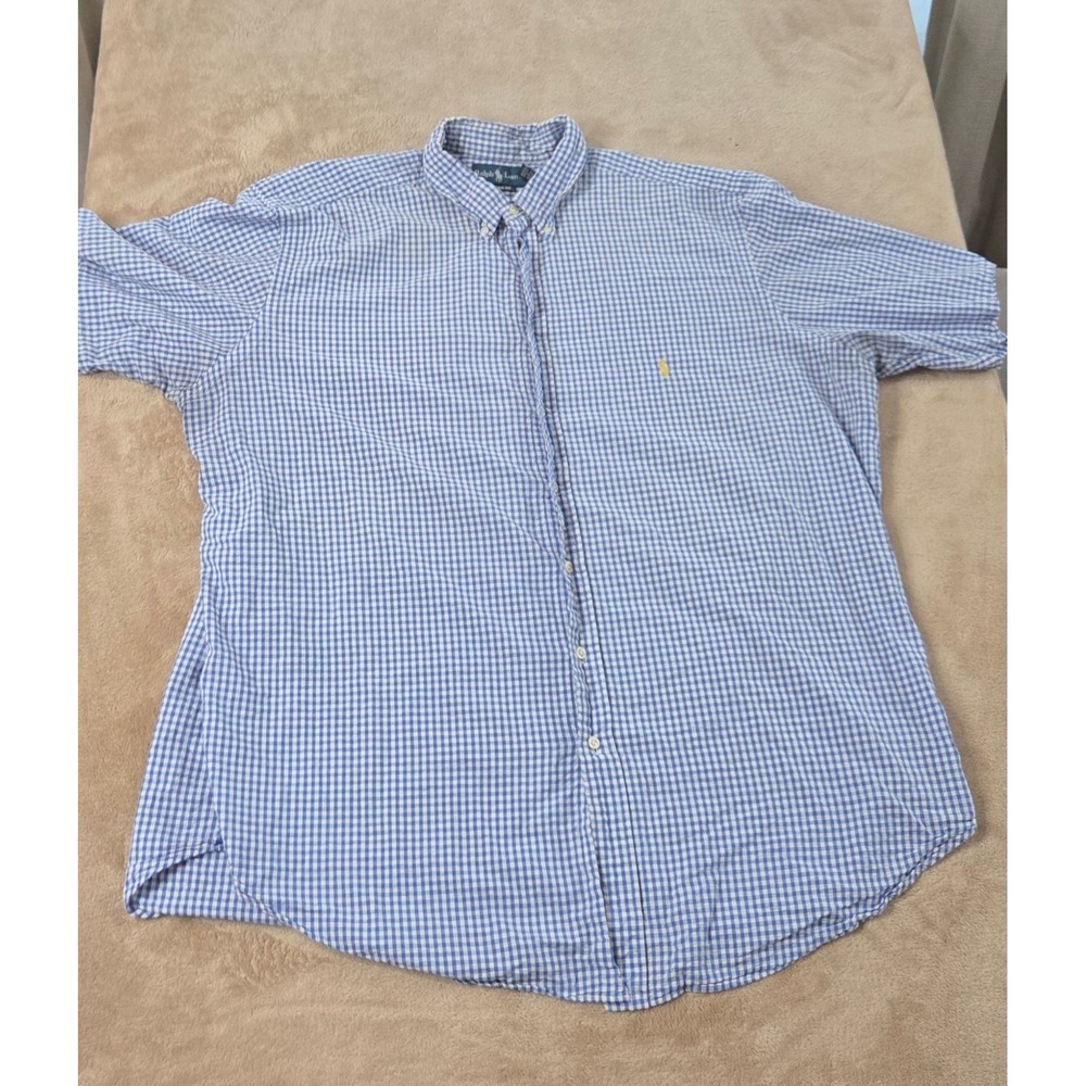 Vintage Polo Ralph Lauren Seersucker Shirt Men 2XT Tall Blue Button Pit Stain